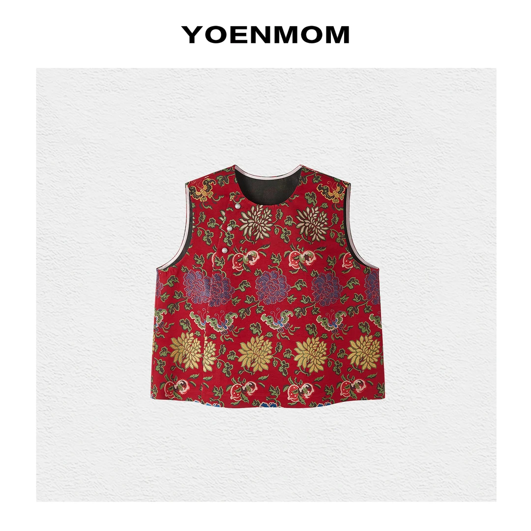 YOENMOM·缠枝莲·夏季新品 100桑蚕丝泥染老料宋锦足银扣斜襟马甲