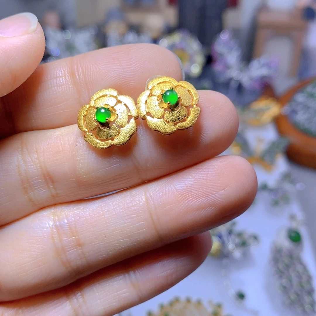 翡翠耳钉银S925镶嵌天然翡翠