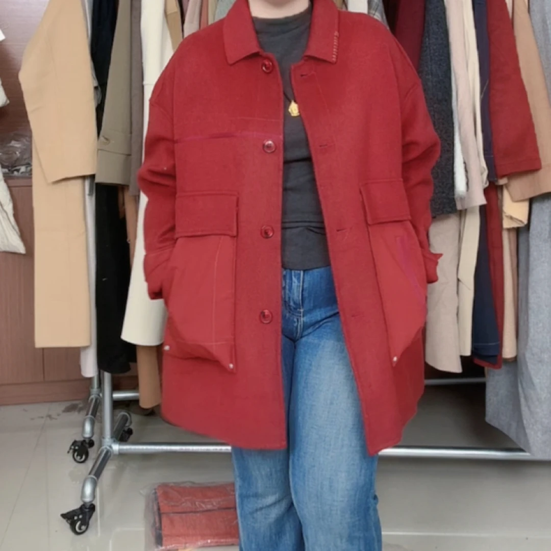 菲菲的店朱砂红大衣50绵羊毛保暖厚实（UN