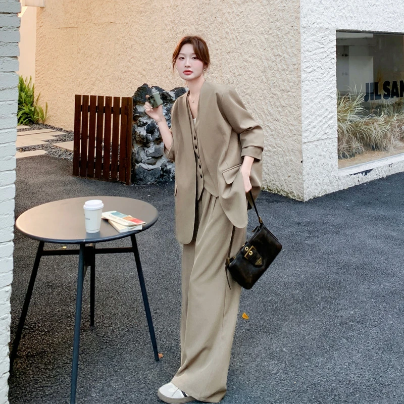 高级感简约通勤西装马甲阔腿裤2025春秋新款气质韩系老钱风三件套