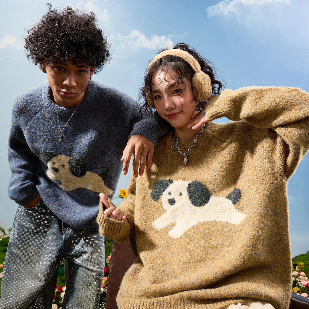 圆领毛衣美式复古卡通小狗针织衫慵懒保暖打底衫男女2025冬新款