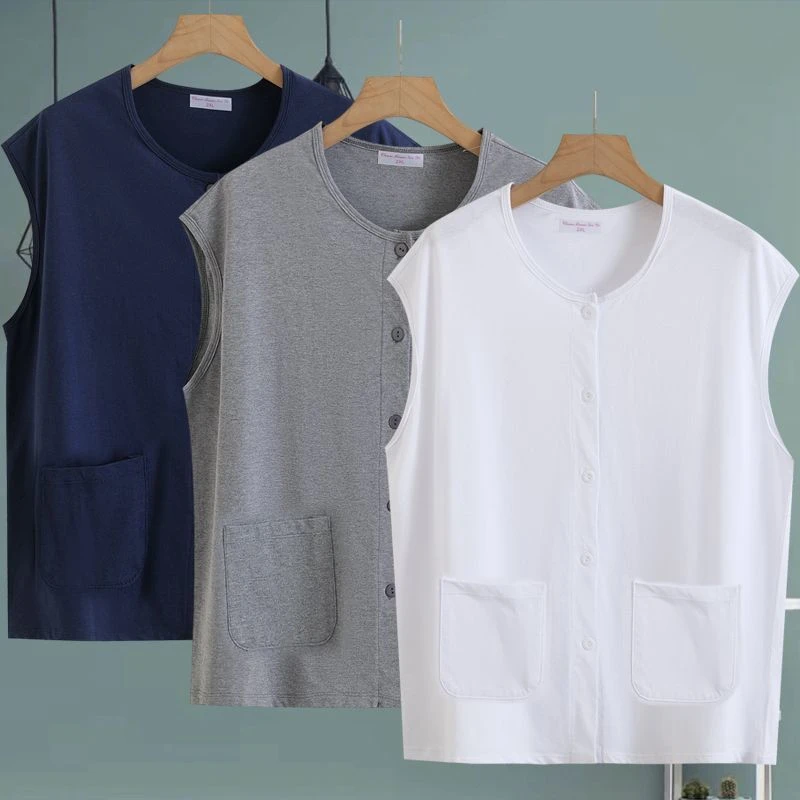 夏季中老年纯棉薄款无袖开衫背心老人爸爸坎肩对襟T恤爷爷汗衫