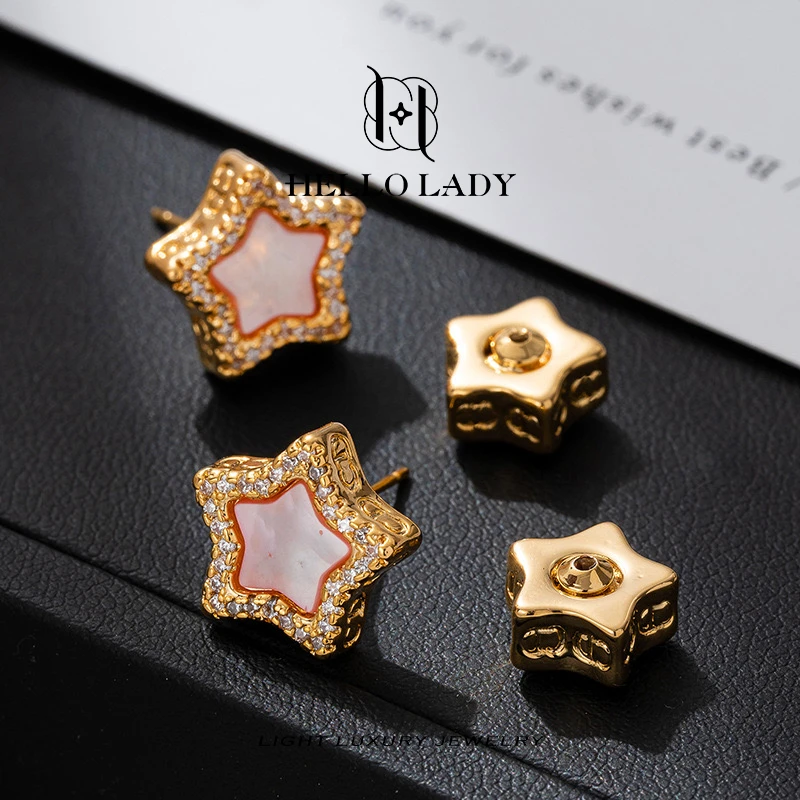 【V金版本】精工CNC  粉色五角星耳钉1238