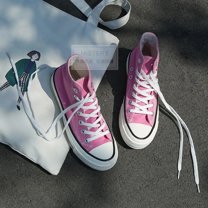 粉色高帮帆布鞋女复古布鞋春新款运动鞋学生原宿街拍鞋女
