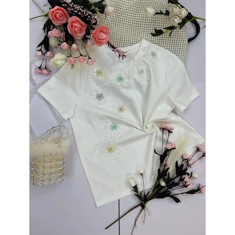 【珈禾】1‘’花韵流金‘’深圳南油轻奢立体绣花重工原创设计短袖2025