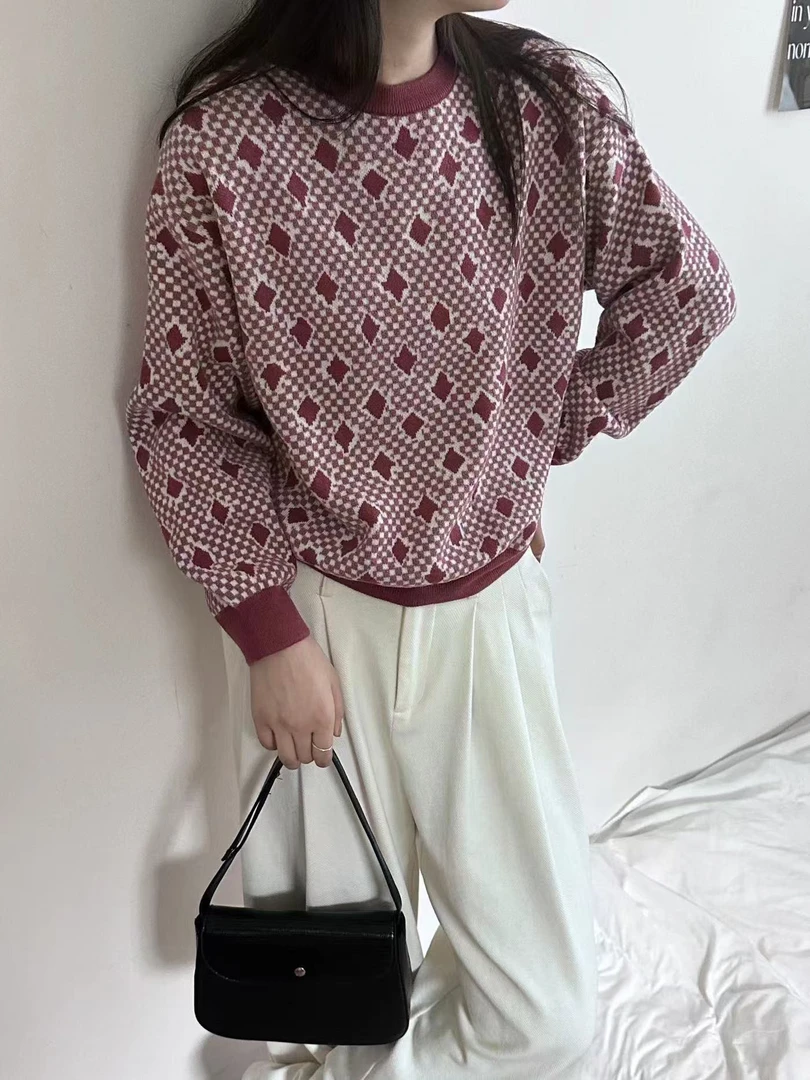 冬季高级感超格子女士毛衣女款2024新款秋冬慵懒风针织衫