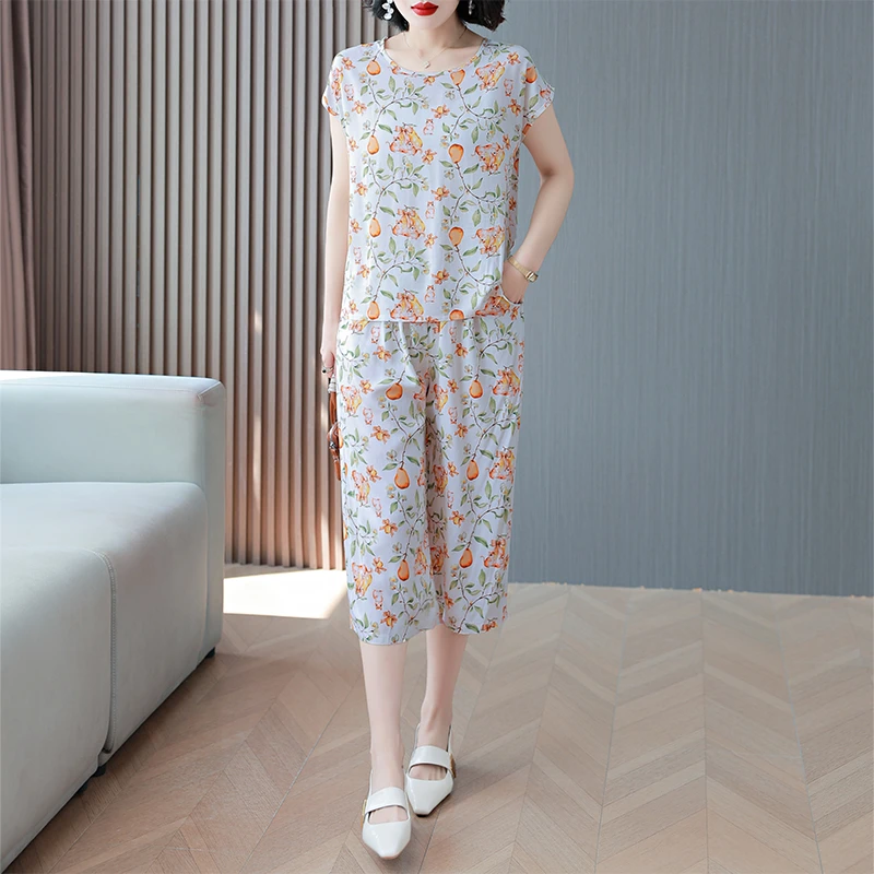 棉绸套装女夏时尚外穿显瘦休闲宽松大码洋气短袖七分阔腿裤两件套
