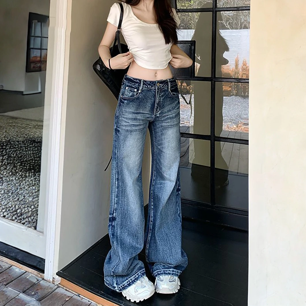 复古微喇牛仔裤女2025春季美式高街低腰宽松直筒阔腿拖地喇叭裤子