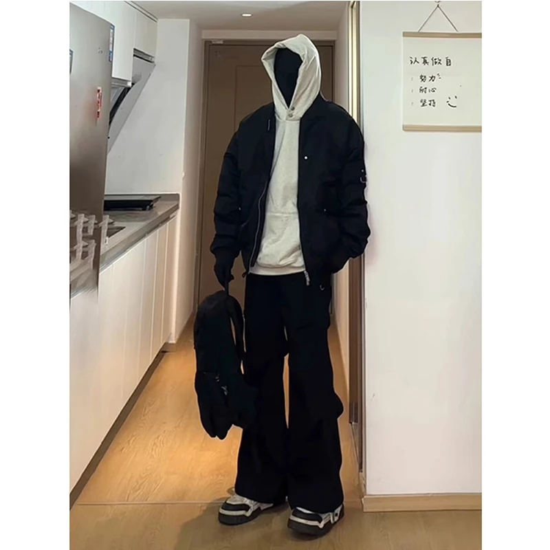 黑色褶皱西裤男款秋季修身显瘦直筒休闲裤美式高街vibe弯刀微喇裤