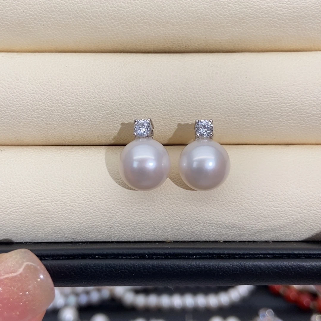 手绳银S925镶嵌淡水珍珠10mm爱迪生戴妃耳钉