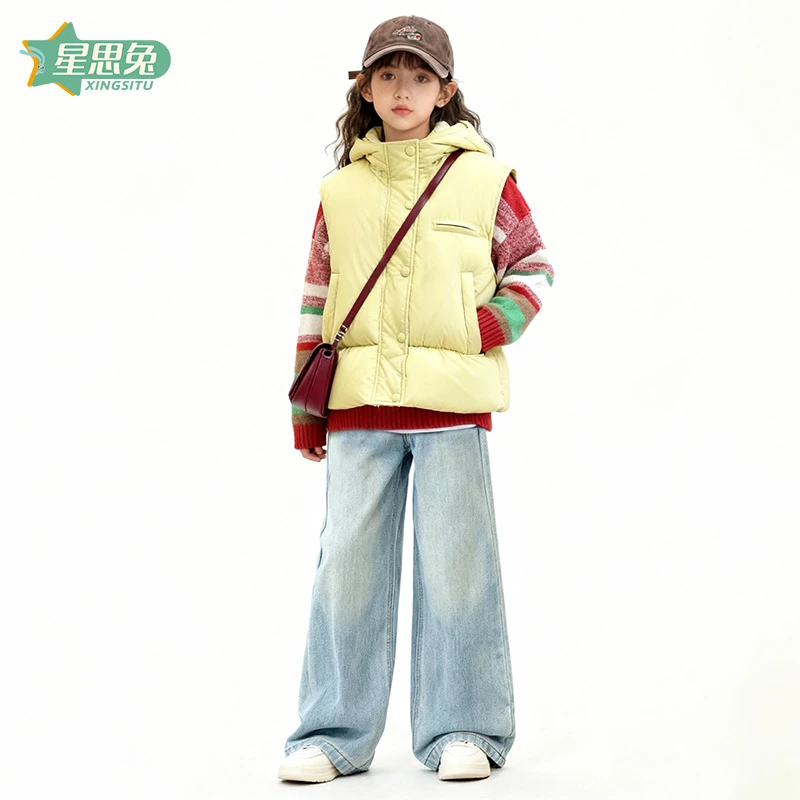 ［星思兔］新款秋冬童装彩虹色马甲针织衫牛仔裤条纹甜美套装A