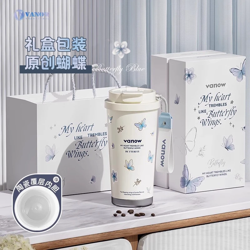 vanow蝴蝶保温杯女生2024新款陶瓷内胆咖啡水杯子高颜值生日礼物