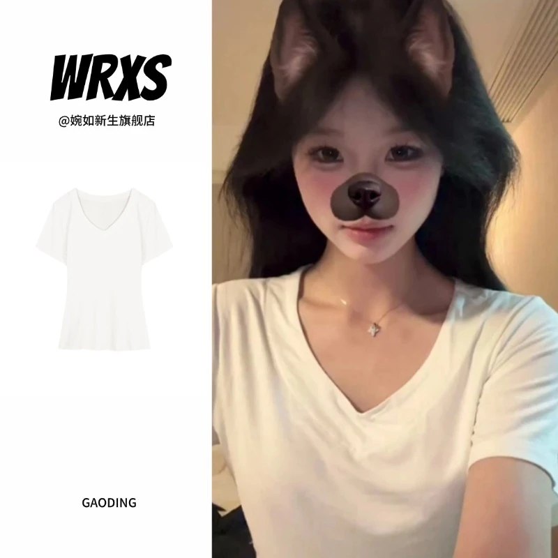 【婉如新生】2025春夏v领短袖t恤女修身显瘦纯色百搭纯欲风韩版上衣