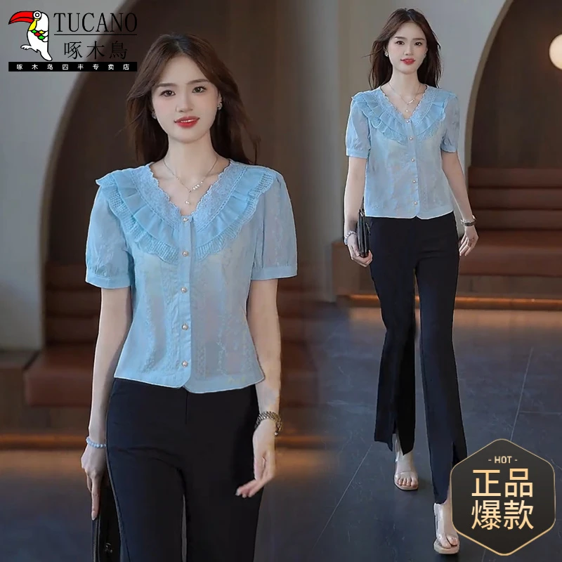 啄木鸟2025新款爆款衬衫短袖女款爆款2025新款女装洋气时髦气质