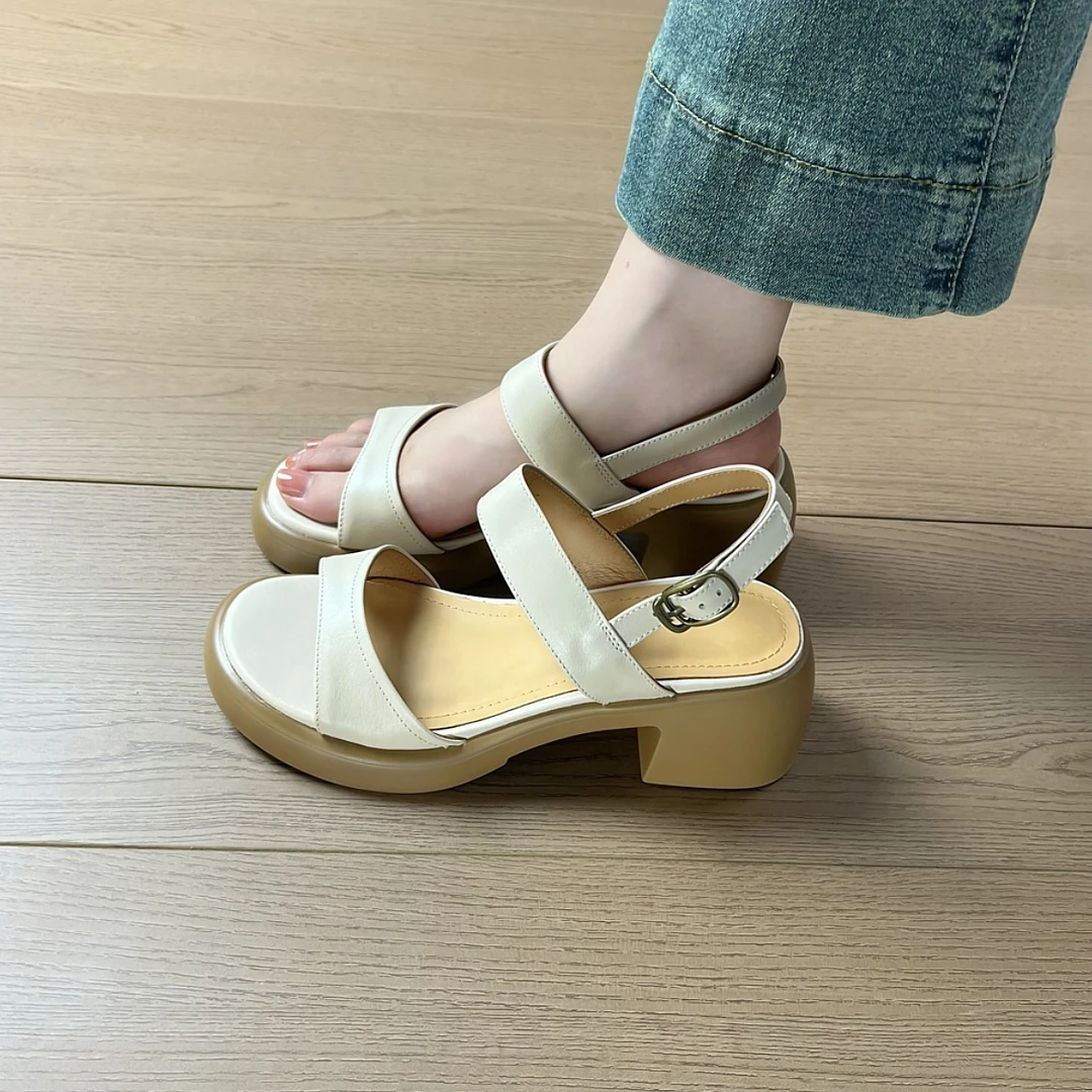 2025年夏季新款6cm粗跟厚底凉鞋女简约百搭一字式扣带凉鞋女