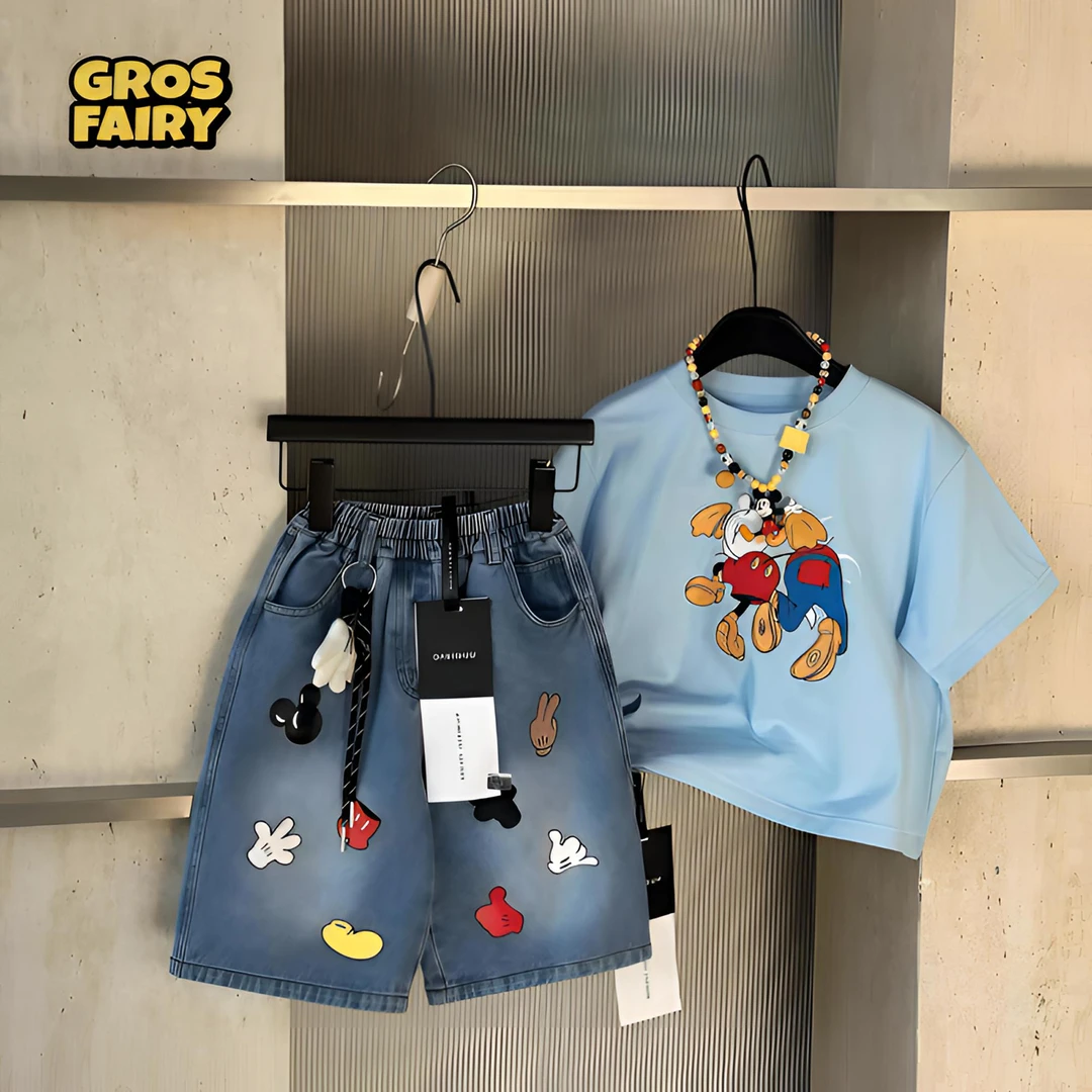 grosfairy夏季儿童短袖短裤套装纯棉T恤卡通米奇印花短袖牛仔中裤