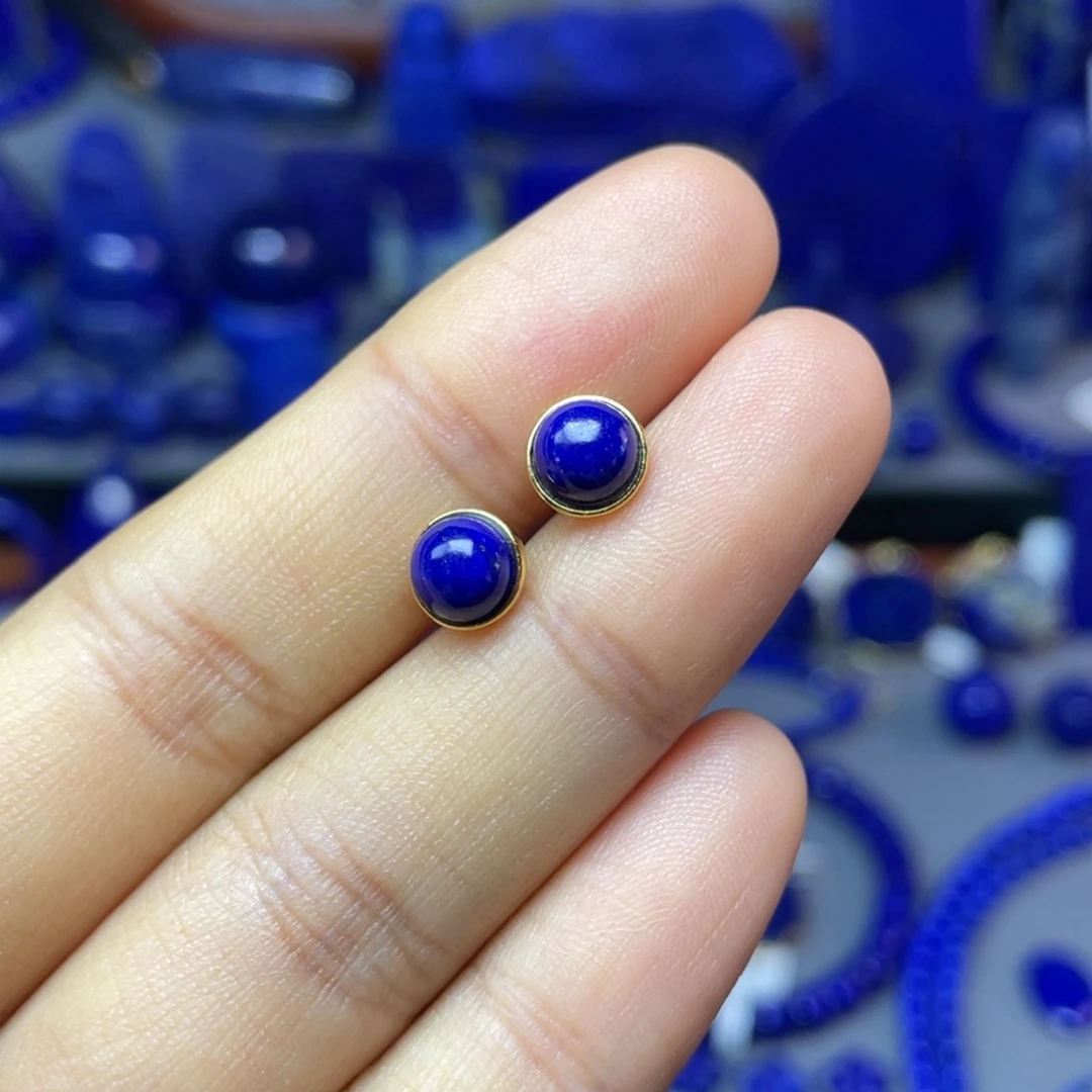 青金石银S925镀金镶嵌7mm耳饰