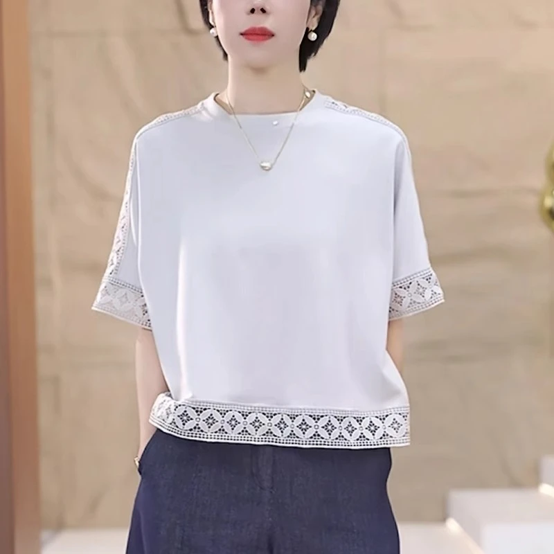灰色短袖t恤女士2025夏季新款时尚减龄宽松遮肉显瘦蕾丝花边上衣
