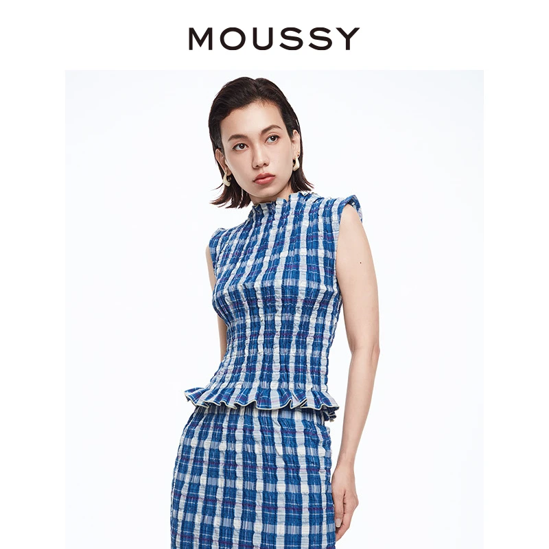 MOUSSY 2024夏季新品优雅文艺风打揽套头格纹衬衫女010HS230-2161