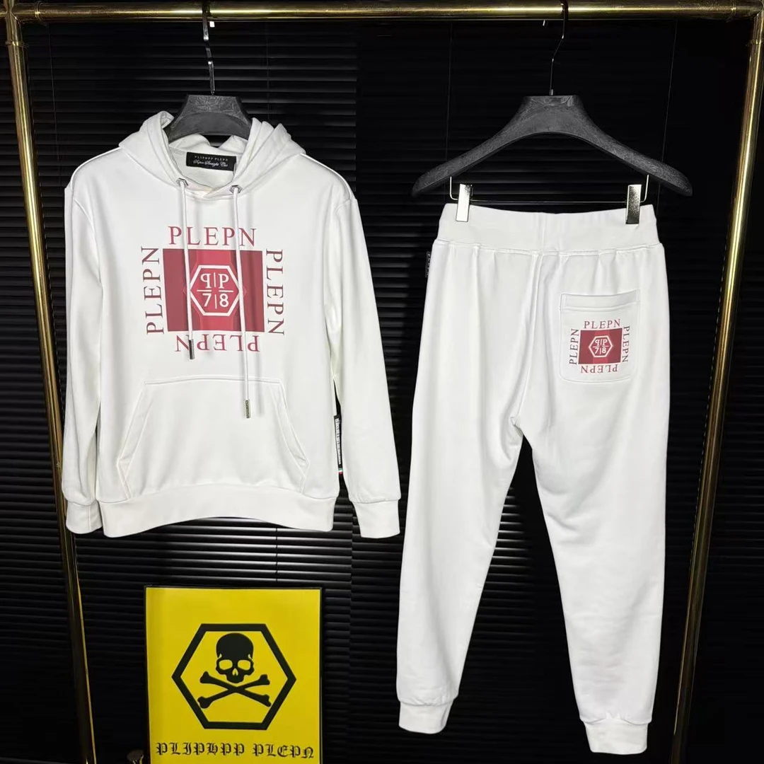 高品质欧货潮牌轻奢印花秋季男士长袖连帽加厚白色卫衣卫裤套装