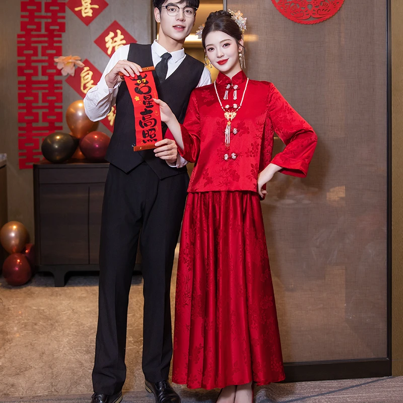 敬酒服新娘新中式改良旗袍结婚套装酒红色订婚礼服高级感回门宴女