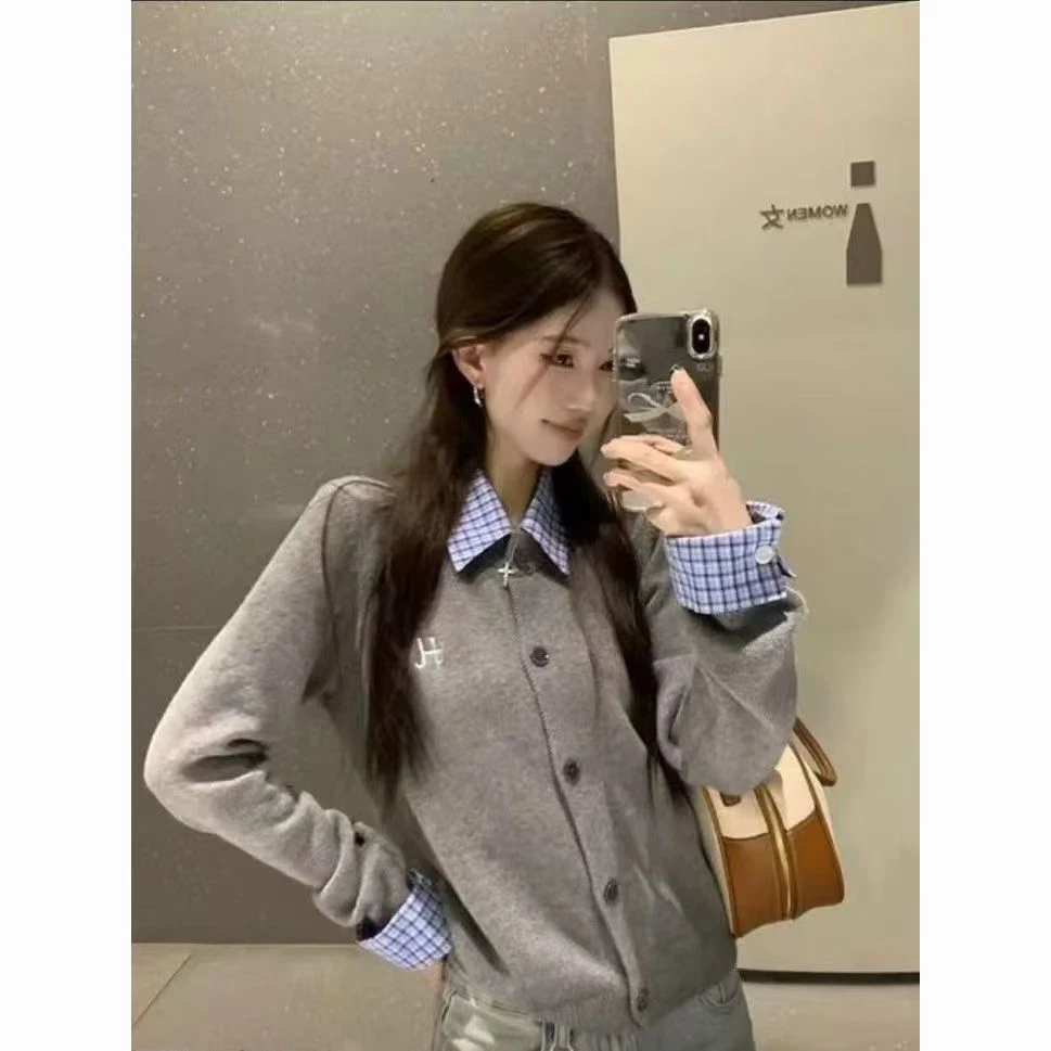 新款韩版2025年早秋修身假两件翻领衬衣拼接小刺绣毛衣开衫显瘦