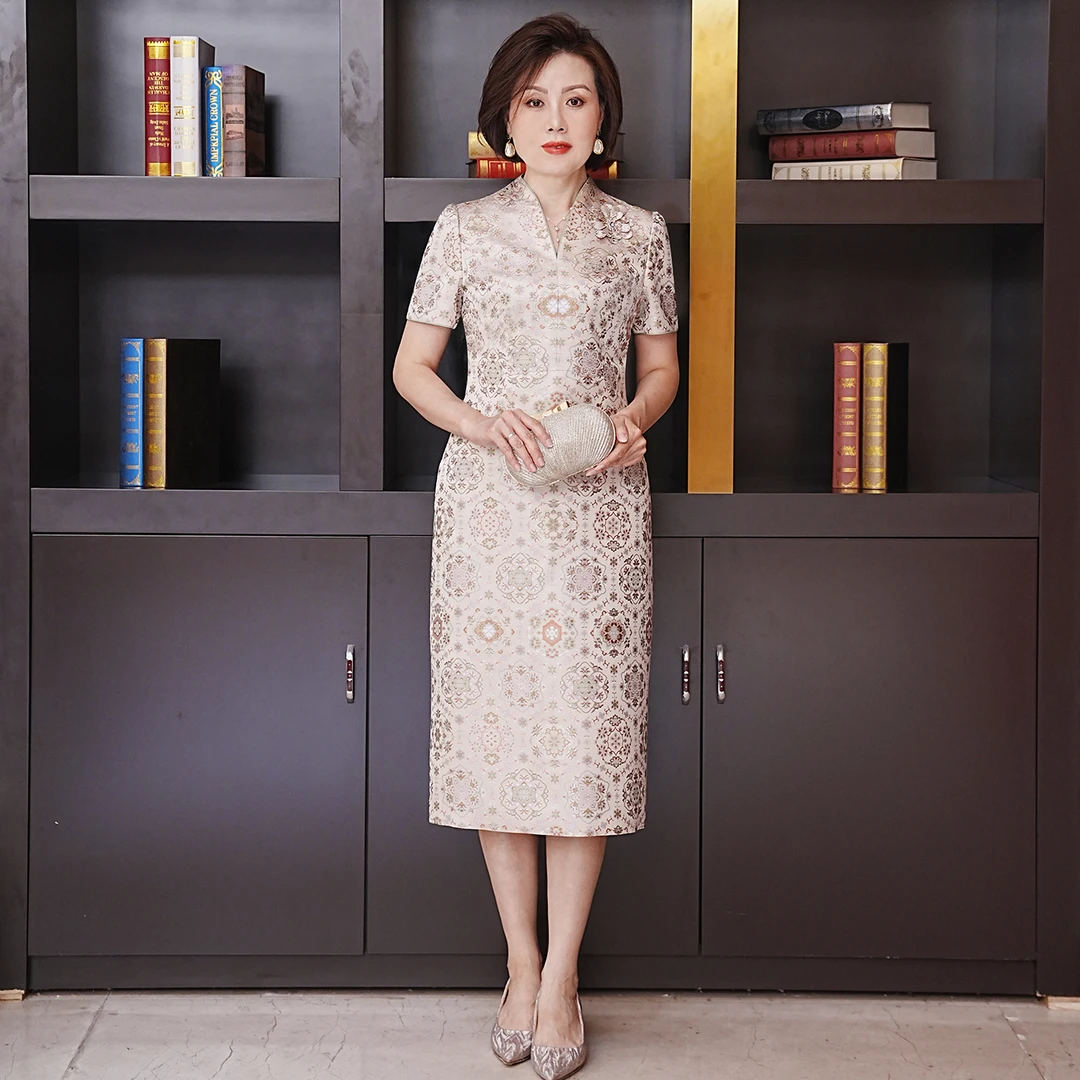 YINGDAK/应大香槟色宋锦新中式礼服裙喜婆婆连衣裙喜妈妈场合装