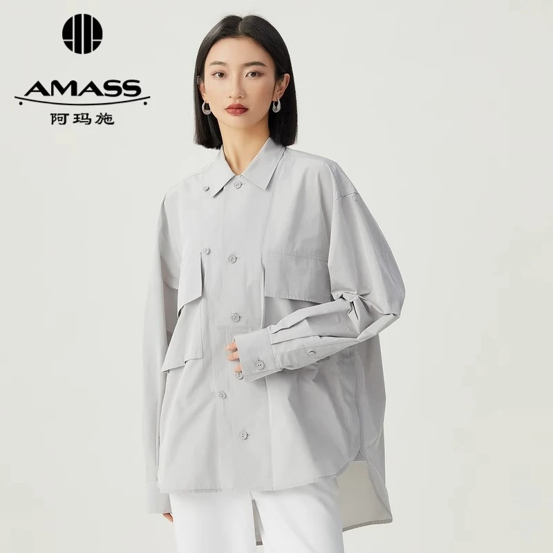 阿玛施AMASS新款女装设计感时髦廓形纯色衬衫衬衣宽松灰色5301071