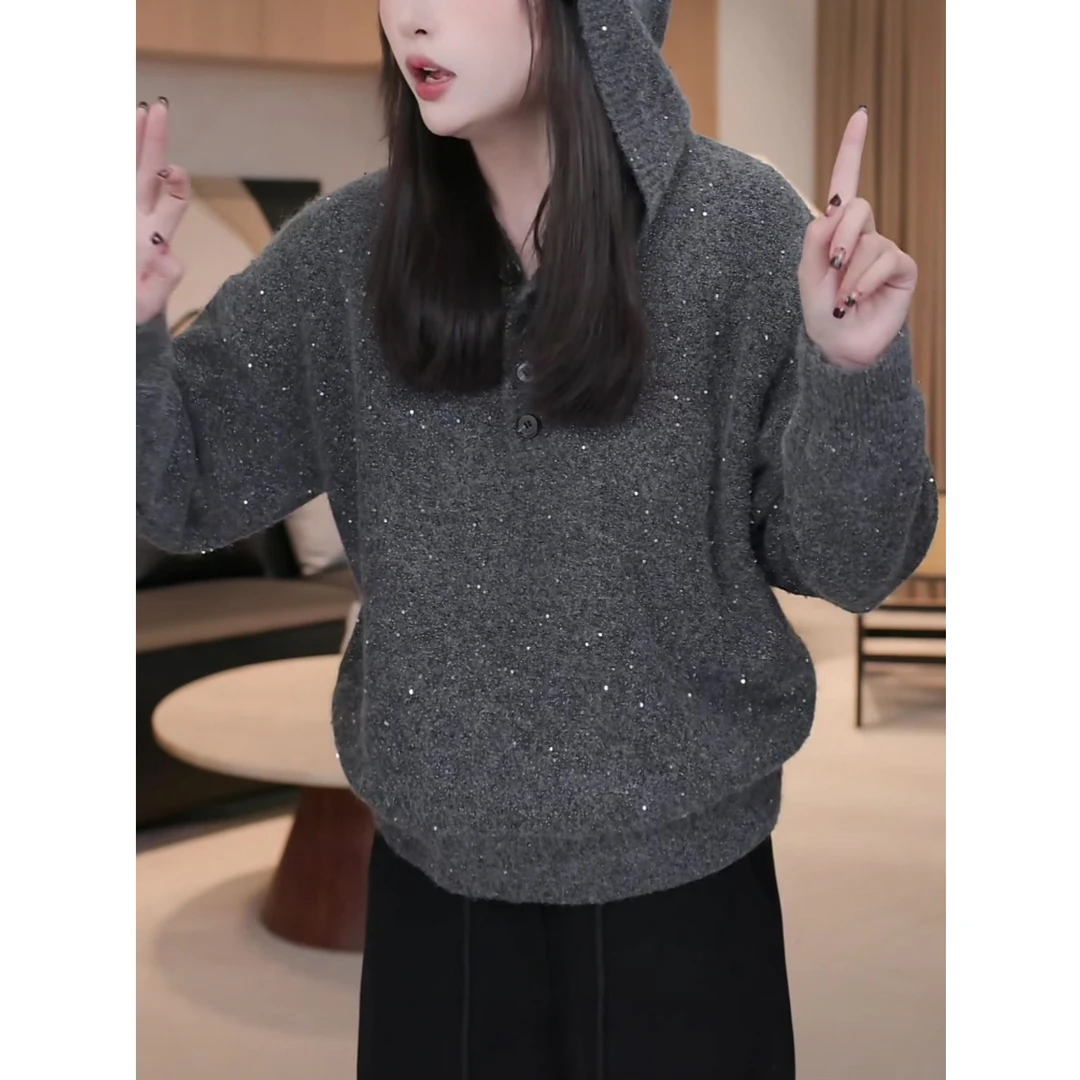 2025秋冬新款设计感时尚亮片连帽毛衣女宽松显瘦洋气减龄针织衫女