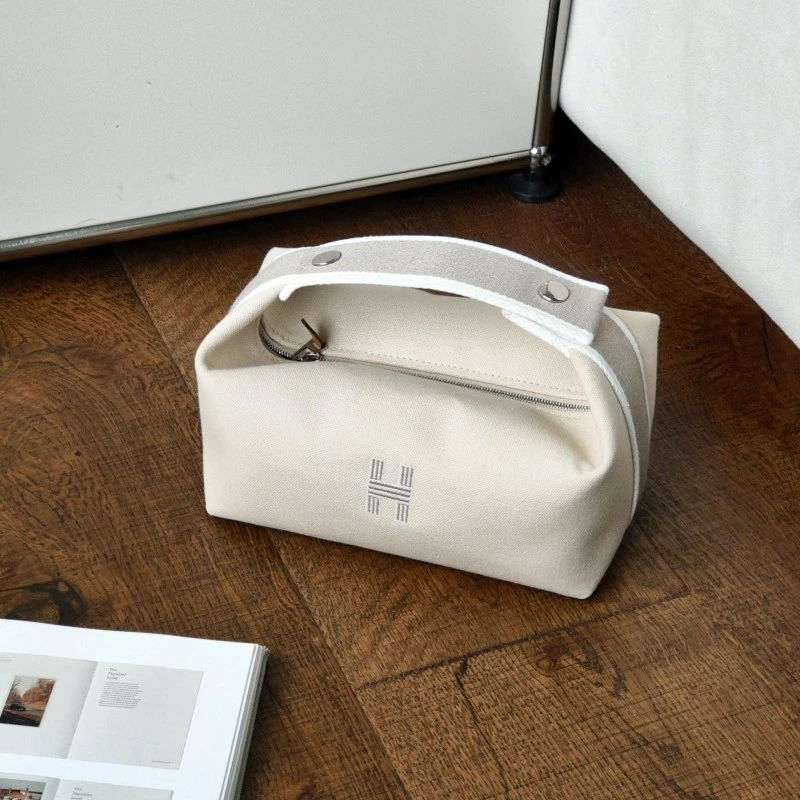 95新 Hermes/爱马仕 Azul-米色帆布小号饭盒手提包二手/52138