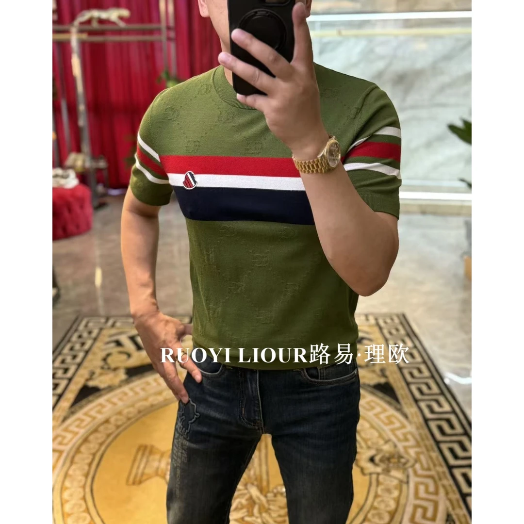 【路易理欧】欧货时尚百搭潮流条纹透气轻奢刺绣标针织短袖0418