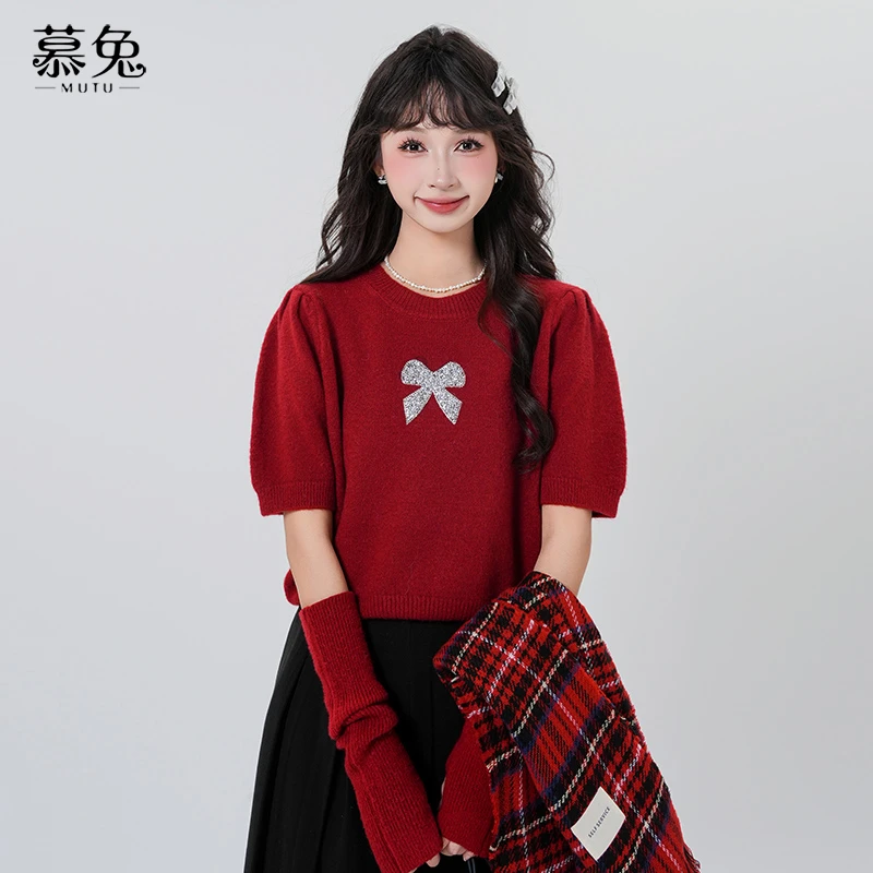 慕兔甜美蝴蝶结针织衫女2024冬季新款小个子宽松显瘦圆领毛衣上衣