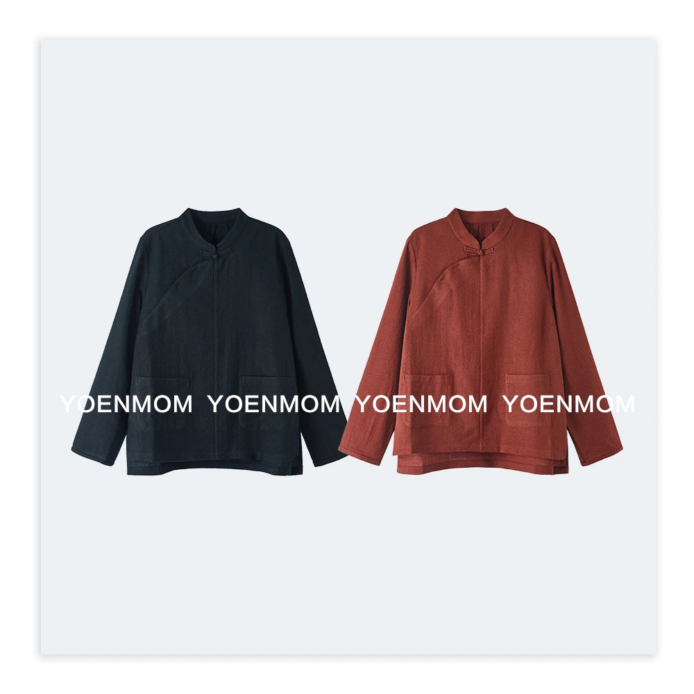 YOENMOM·秋风起·100羊毛人字纹手工一字盘扣斜襟轻国风立领衬衫