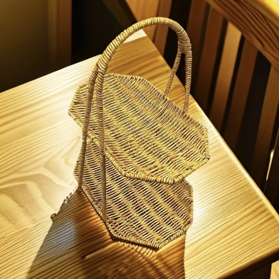 HR17双层浅咖色创意型六边形加固收纳篮纯手工编织