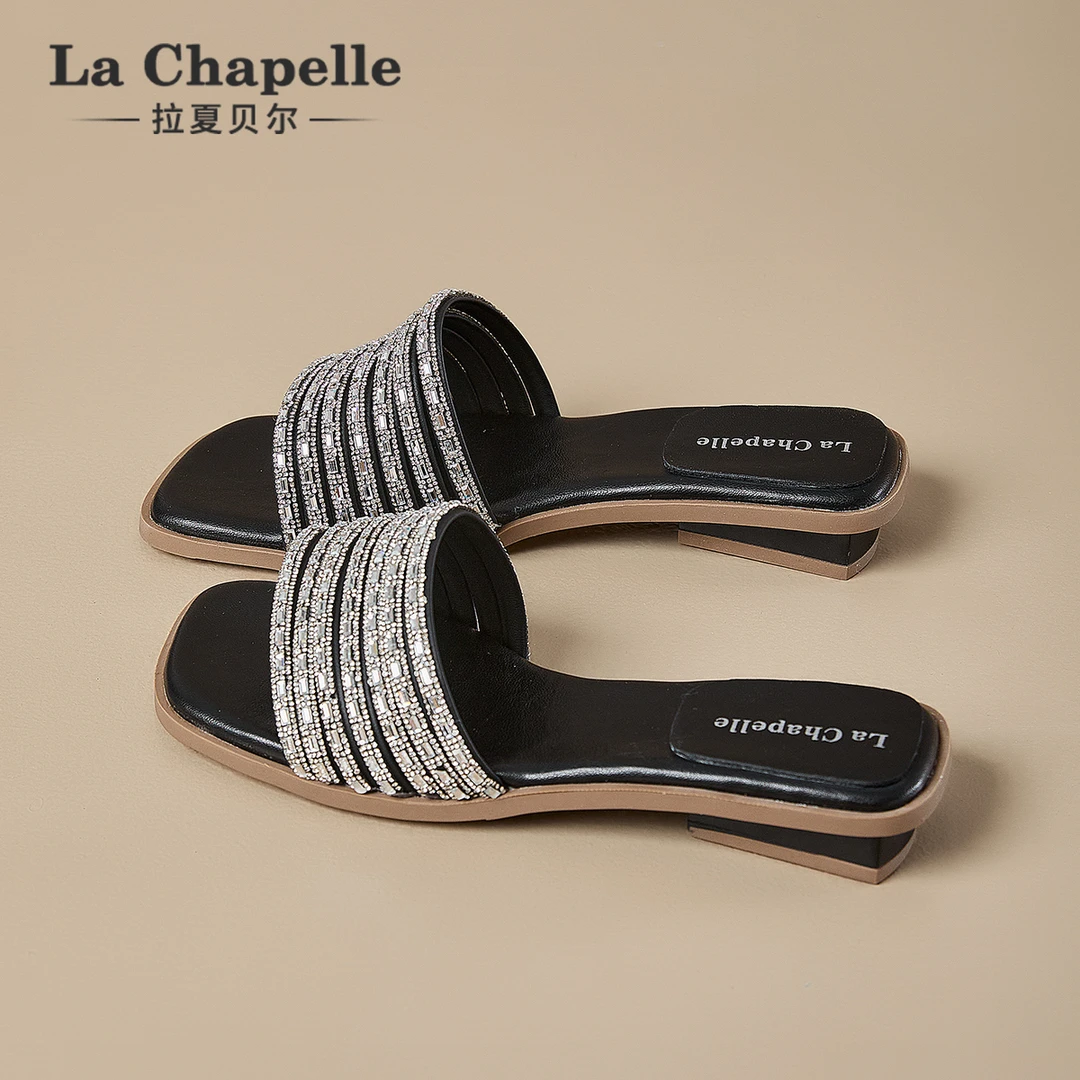 拉夏贝尔法式水钻凉拖鞋女2025冬季新款百搭一脚蹬仙女风一字拖鞋
