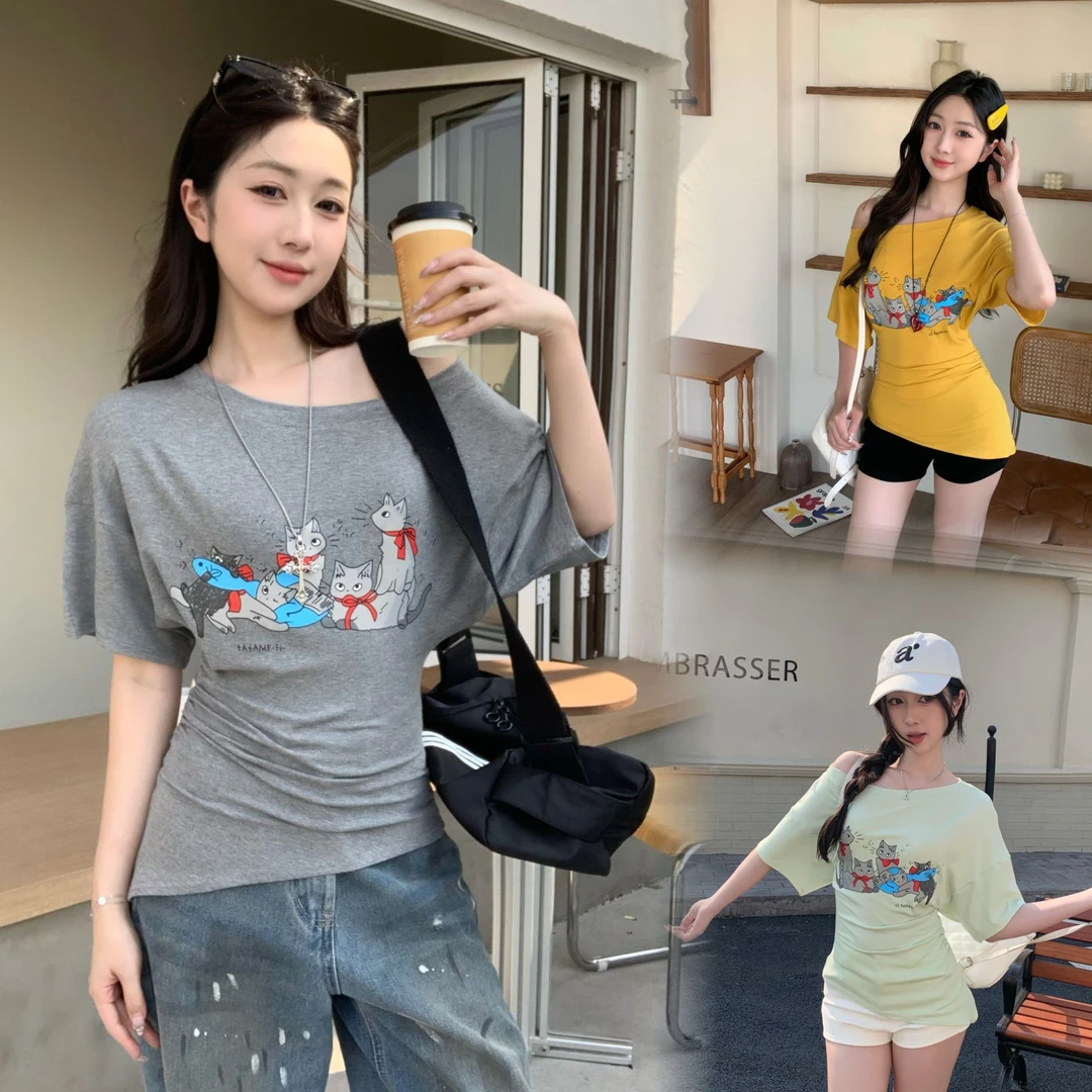 辣妹显瘦纯欲风斜领卡通猫咪设计感短袖t恤女夏新款修身百搭上衣