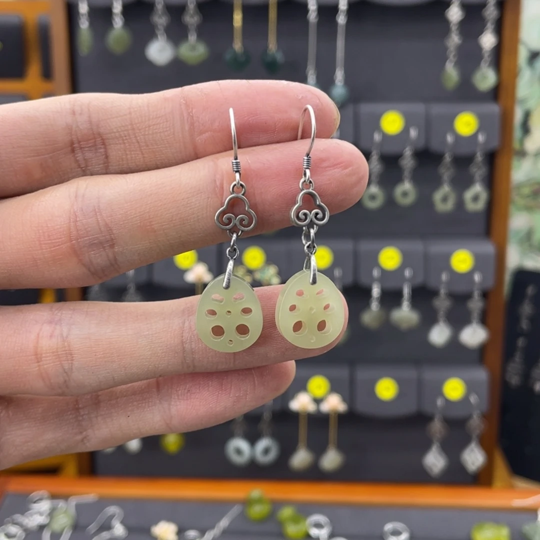 和田玉耳饰银S925镶嵌