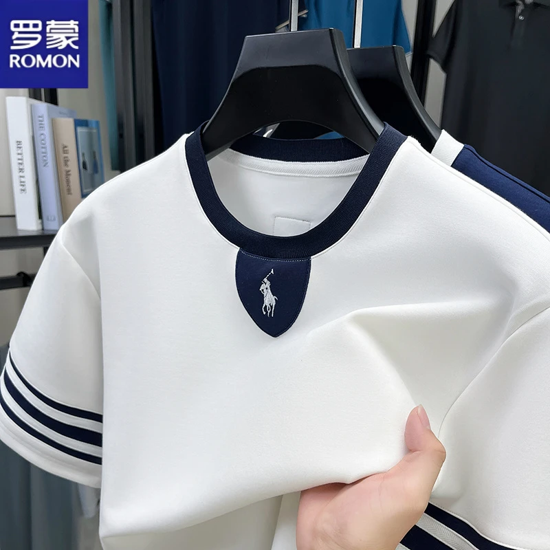 罗蒙夏季薄款织带拼接短袖T恤刺绣潮牌半袖宽松休闲圆领上衣