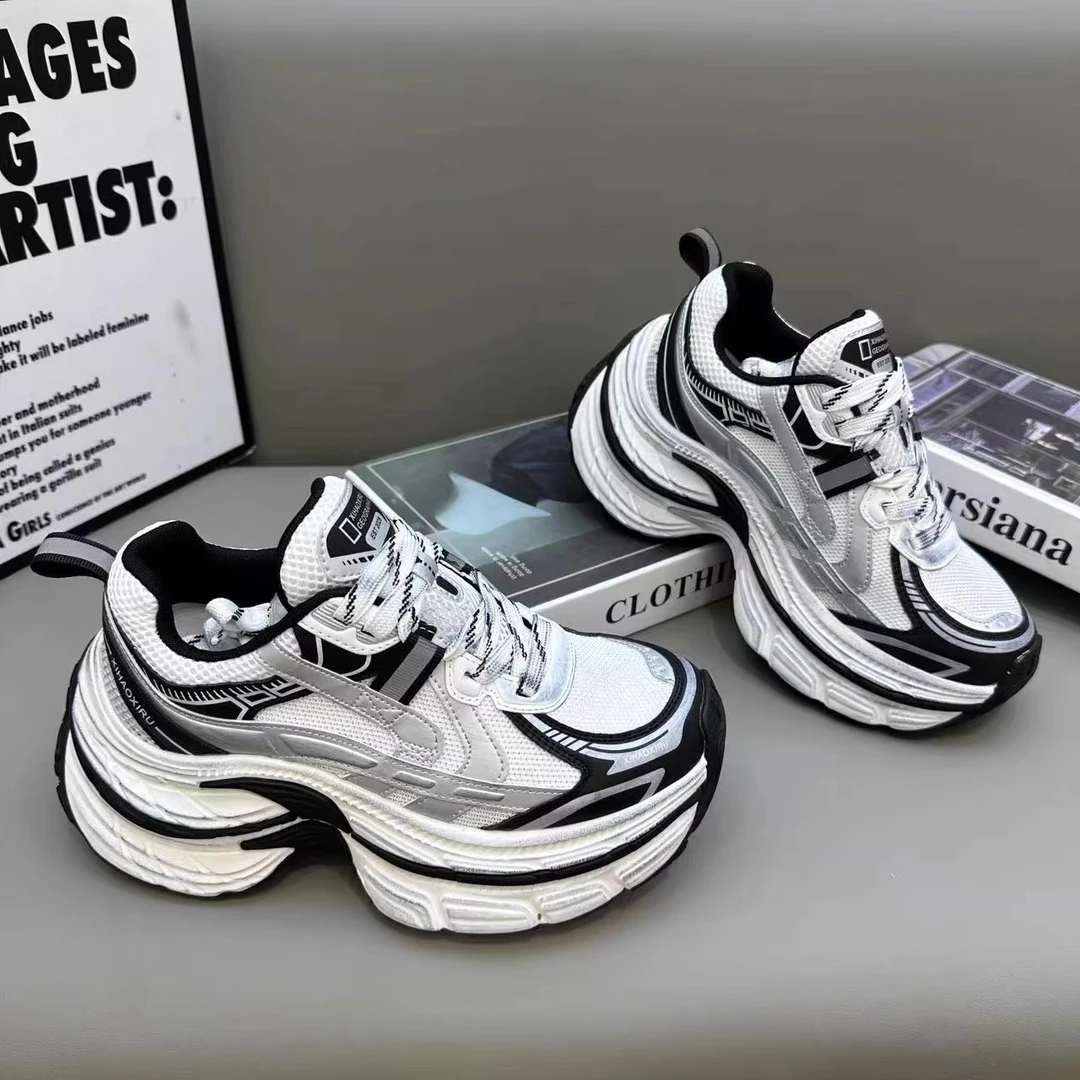 欧货厚底老爹鞋女2025秋冬新款小个子增高拼色网面百搭休闲运动鞋