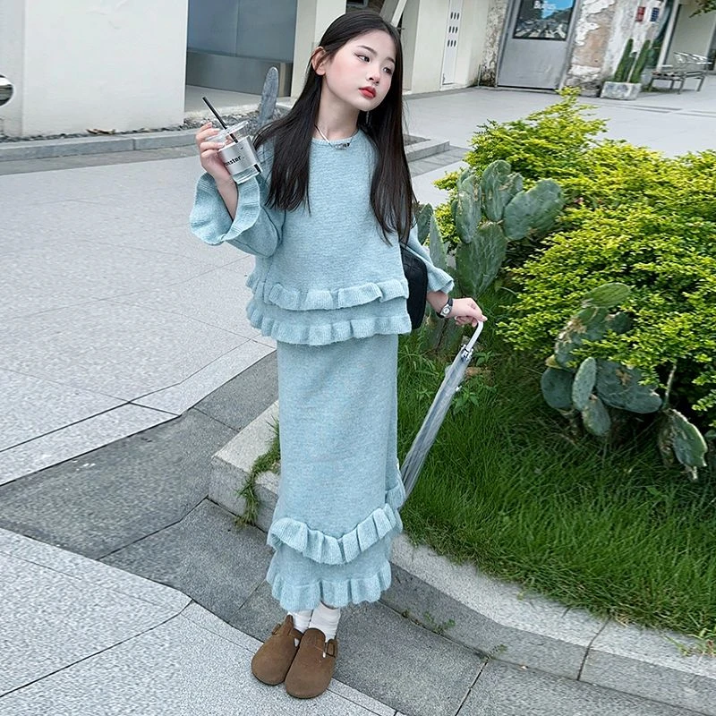 女童韩版洋气木耳边休闲套装2024中大童春秋卫衣新款针织衫两件套