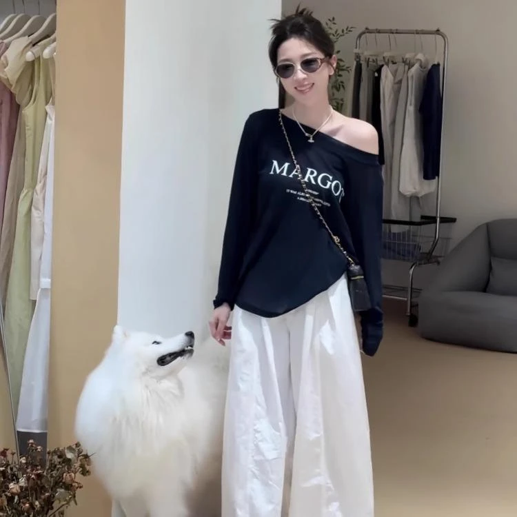 韩系慵懒风宽松露肩斜肩印花长袖T恤夏季新款高腰显瘦阔腿裤套NZ