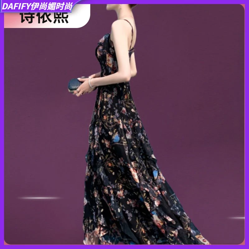 l1礼服女裙平时可穿长款优雅气质名媛吊带裙宴会高贵碎花连衣II