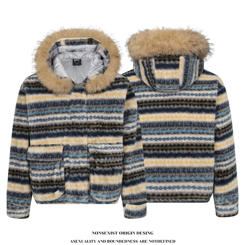 NONSEXIST 原创国潮美式费尔岛提花棉衣夹克羊羔绒情侣夹棉外套