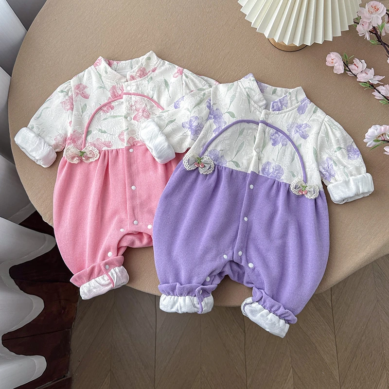 秋季新款婴儿长袖碎花洋气公主幼儿旗袍拼接加里哈衣粉