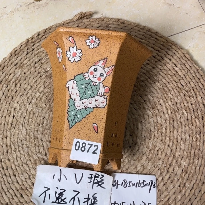 紫砂花盆微微瑕柴烧兔兔手绘六方0872