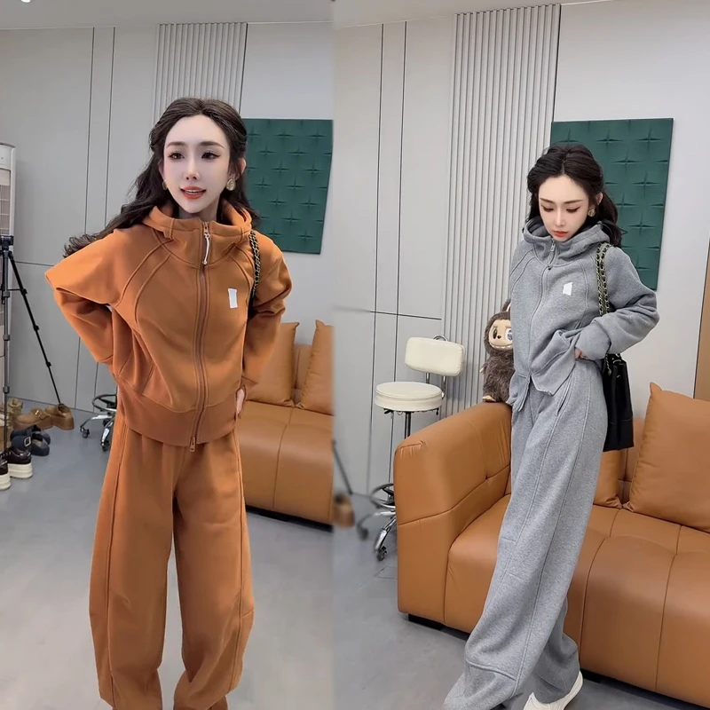 SRSS【3928】连帽拼接拉链外套+长裤（加绒）2025冬季新款休闲两件套