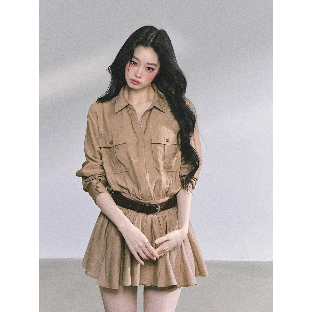 parkyeon高级感赫本风工装连衣裙女秋季新款收腰显瘦百搭蓬蓬短裙