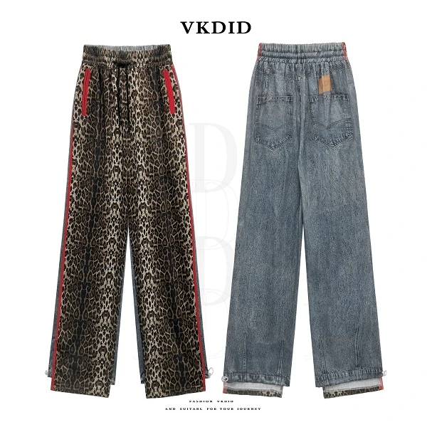 VKDID 新款高腰不规则裤脚设计撞色豹纹仿牛仔裤显瘦直筒微喇长裤