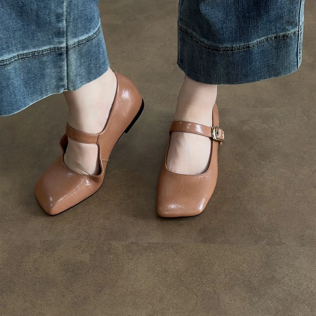 3cm/ED2282牛皮浅口单鞋女春季方头平底ins风时尚法式平跟玛丽珍