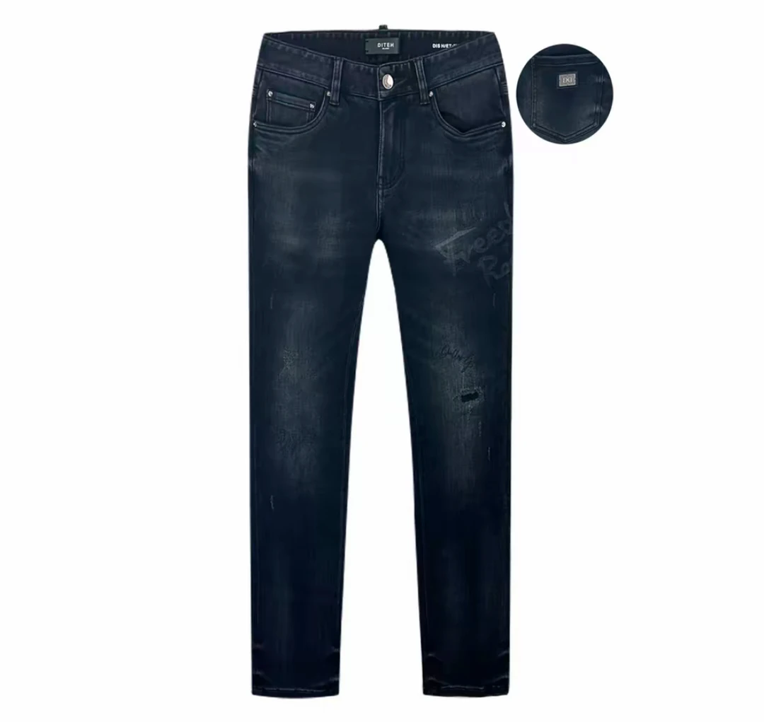 Dite迪特男士25秋冬新款牛仔裤修身小直筒深灰水洗磨破长裤2160